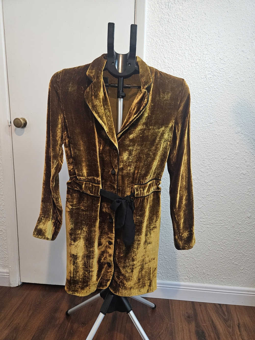 Sandro Velvet Longline Blazer in Mustard Gold with Black Tie